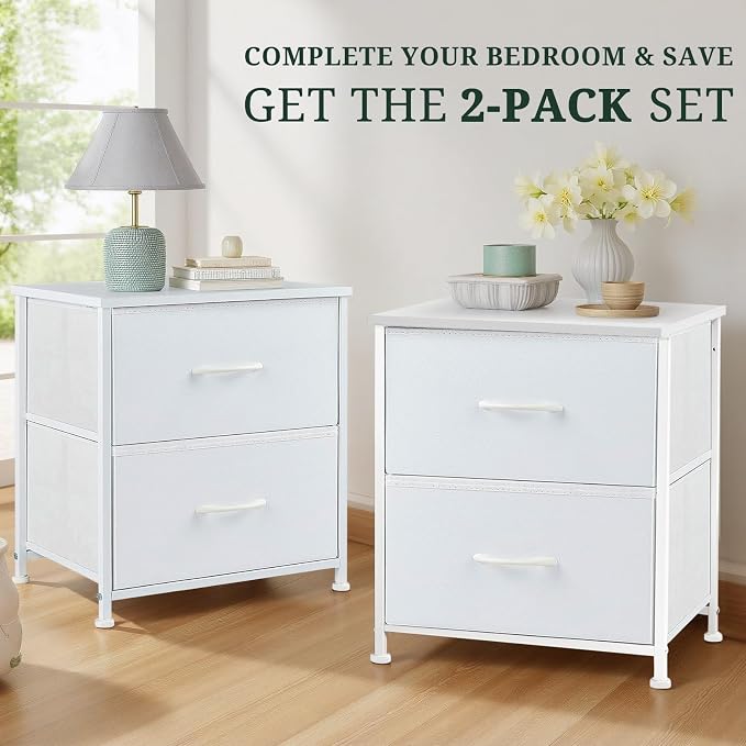 Nightstand Set of 2, Small 2 Drawer Dresser End Table Bedside Furniture, Wooden Top Fabric Bins for Bedroom, Closet, Entryway, Dorm, 11.8" D x 18" W x 20", White