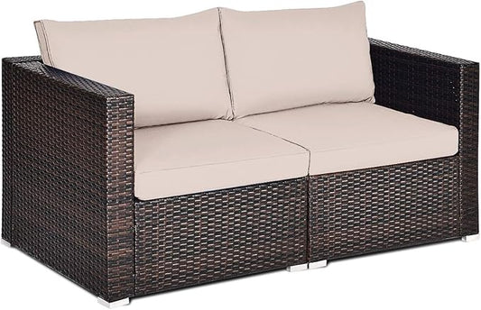 Tangkula Wicker Loveseat 2 Piece, Patio Furniture Couch with Removable Cushions, Rattan Loveseat Sofa for Balcony, Deck, Garden and Poolside