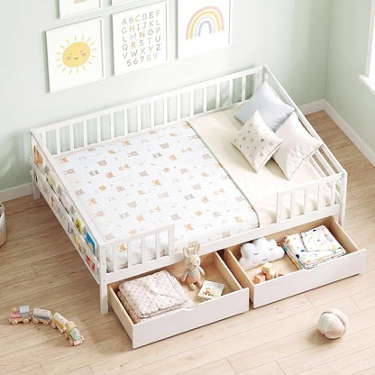 Giantex Full Kids Bed with Storage Drawers, Wood Montessori Bed with Rails & Side Shelf, Low Daybed Bed Frame for Boys Girls, No Box Spring Needed (White)