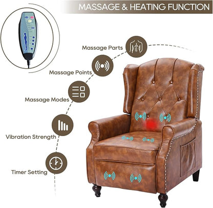 Wingback Recliner Chair with Massage and Heat PU Leather Push Back Arm Chair, Recliner Chair for Living Room Bedroom Home Theater (1,Yellow)
