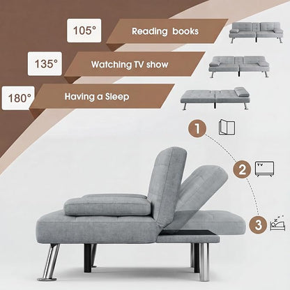 Flamaker Futon Sofa Bed Modern Folding Futon Set Linen Fabric Convertible Recliner Lounge for Living Room with 2 Cup Holders, Removable Armrests (Fabric, Light Grey)