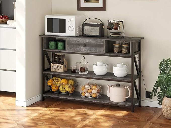 Mexin Console Table with Outlets and USB Ports, Entryway Table with Drawer Storage Shelves, Industrial Wood Hallway Sofa Table for Living Room, Couch, Foyer Table, 47 Inch Grey Oak