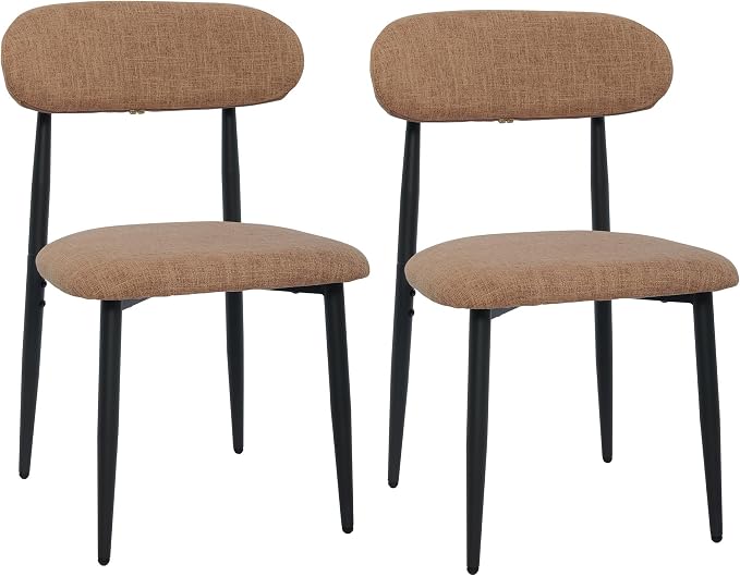 FREKEN Modern Upholstered Dining Chairs Set of 2, Mid-Century Metal Frame Linen Fabric Side Chair for Kitchen Dining Room, 350lbs Capacity, Brown