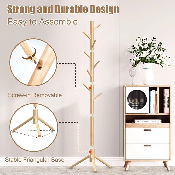 Aliphon Wooden Coat Rack Stand, Freestanding Coat Rack with 8 Hooks, 3 Adjustable Size Coat Tree for Hats, Coats, Scarves bags, Coat Hanger Stand Used in Bedroom/Office/Entryway,2 PCS (Natural)
