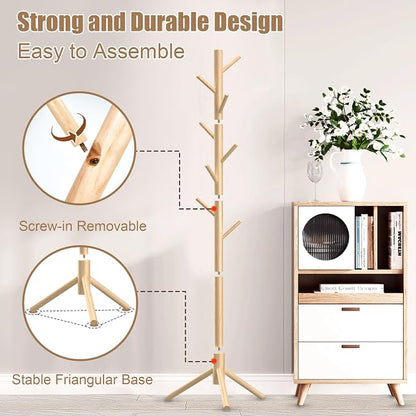 Aliphon Wooden Coat Rack Stand, Freestanding Coat Rack with 8 Hooks, 3 Adjustable Size Coat Tree for Hats, Coats, Scarves bags, Coat Hanger Stand Used in Bedroom/Office/Entryway,2 PCS (Natural)