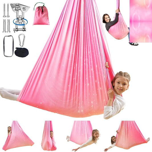 Sensory Swing for Kids Indoor & Outdoor Double Layer Therapy Cuddle Hammock Chair with 360° Swivel Hanger Kit Adjustable Child and Adult Aspergers Autism ADHD (Pink) (WUBOTIYU010)