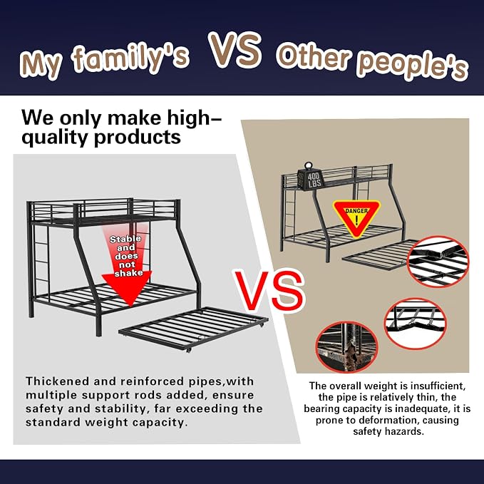 Metal Bunk Bed with Trundle, Space-Saving Bunk Bed Twin Over Full with Ladders and Safety Guardrail, Heavy Duty Twin Bed Frames, No Box Spring Needed and Noise Free(Black)