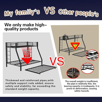 Metal Bunk Bed with Trundle, Space-Saving Bunk Bed Twin Over Full with Ladders and Safety Guardrail, Heavy Duty Twin Bed Frames, No Box Spring Needed and Noise Free(Black)