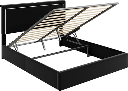 Allewie Queen Size Lift Up Storage Bed Frame with Charging Station & LED Lights, Adjustable Velvet Upholstered Storage Headboard, Type-C & USB Ports, Hydraulic Support, No Box Spring Needed, Black
