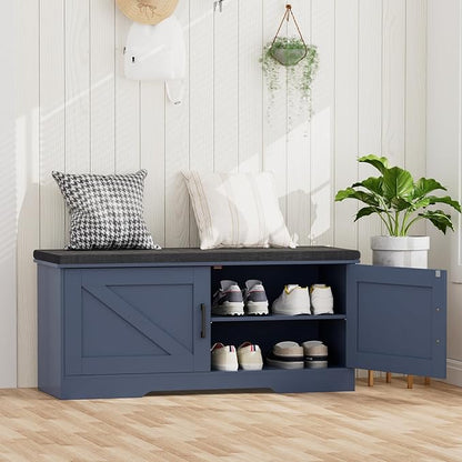HOMSHO Farmhouse Shoe Storage Bench with 2 Barn Doors & Padded Seat Cushion | 39.4" Wide Entryway Bench with Adjustable Shelves & Hidden Storage, Blue