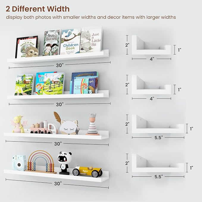 Axeman 30 Inch White Floating Shelves | Picture Ledge Shelf Set of 4 | Rustic Wood Wall Shelves with Lip | 30" White Picture Shelf for Wall with Ledge | Photo Shelves
