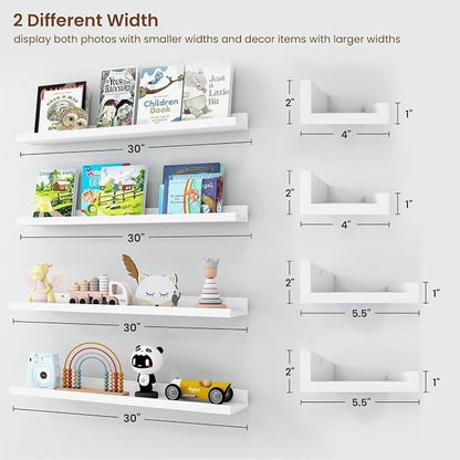 Axeman 30 Inch White Floating Shelves | Picture Ledge Shelf Set of 4 | Rustic Wood Wall Shelves with Lip | 30" White Picture Shelf for Wall with Ledge | Photo Shelves