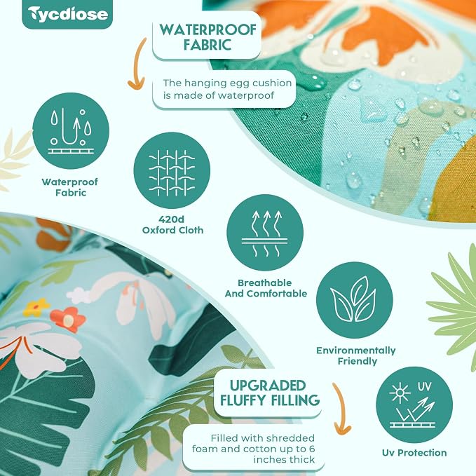 Outdoor Hanging Egg Chair Cushion Replacement, Extra Large Waterproof Egg Swing Cushions with Headrest Pillow and Ties, U-Shaped Thickened Cushion for Hanging Eggs Chair (Cyan Floral Leaf)