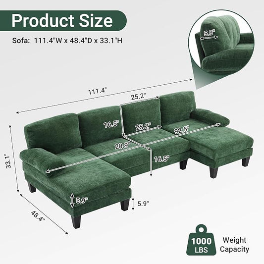 VINGLI 110" Sectional Couches for Living Room,U Shaped Couch with Double Chaise, 4-Seat Sofa Set with Chenille Fabric for Home Furniture,Forest Green