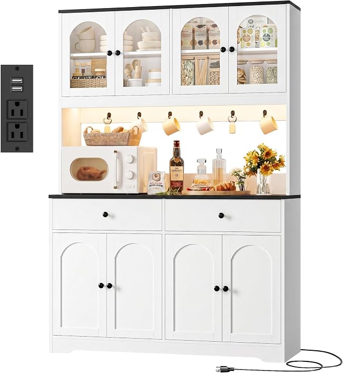 HIFIT 71" LED Kitchen Pantry Cabinet with Power Outlet, Large Kitchen Hutch Cabinet with 2 Storage Drawers & Arched Door, Countertop & Hooks, Tall China Bar for Dining Living Room (White + Black)