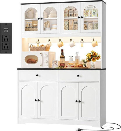 HIFIT 71" LED Kitchen Pantry Cabinet with Power Outlet, Large Kitchen Hutch Cabinet with 2 Storage Drawers & Arched Door, Countertop & Hooks, Tall China Bar for Dining Living Room (White + Black)