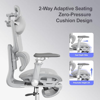 Office Chair with Footrest, Ergonomic Chair with 3D Headrest, Computer Chair with Adjustable Backrest & 6D Armrest, Gaming Chair with Adaptive Lumbar Support, Adjustable Seat Depth, Grey