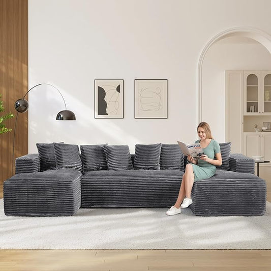 131" Oversized U Shaped Cloud Sectional Couches for Living Room, Comfy Fluffy Corduroy Dark Grey Boneless Sectionals Couch, Plush Memory Foam Modular Sectional Sofa with Chaise- 19" Seat Height
