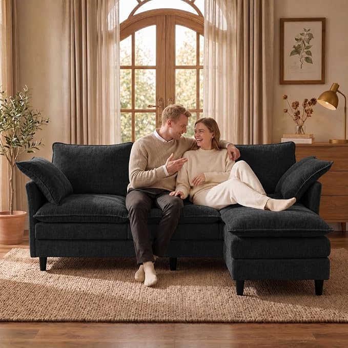 Convertible Sectional Sofa, 69" Small Cloud L-Shaped 3-Seat Couch with Movable Ottoman & Curved Armrest, Modern Chenille Fabric for Living Room, Apartment and Small Space, Black