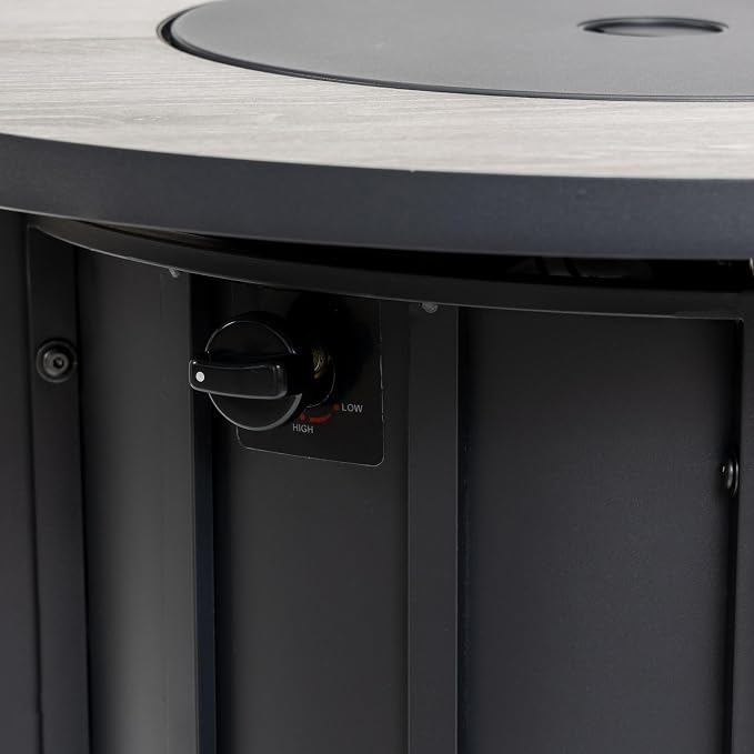 30" Propane Gas Fire Pit Table, 50000 BTU Round Outdoor Fire Pit with Wood Grain Ceramic Tabletop, Steel Patio Fire Table with Lid & Rain Cover for Backyard Deck Garden, Black