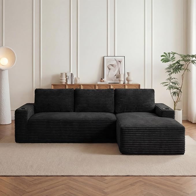 104" L Shaped Boneless Sectional Couches for Living Room, Comfy Corduroy Floor Cloud Sofa with Chaise and Cup Holder, Wide Armrest, Deep Seat, Assembly Free, Ideal for Small Spaces, Black