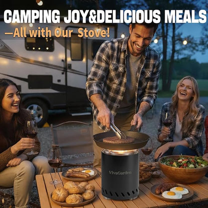 Smokeless Tabletop Fire Pit, VivaGarden Portable Outdoor Fire Pit for Camping, Patio, Backyard, Wood and Pellets Burning Camping Stove with Carry Bag, Forks, Mat and Pot Stand (9.7x7.1 Inch, Black)