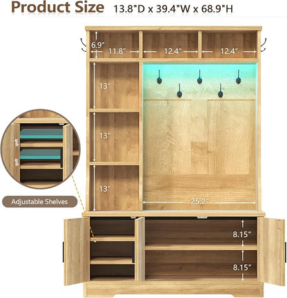 CSZZD Hall Tree with Bench and Shoe Storage, Fluted Entryway Bench with Coat Racks and Led Lights, 69" Tall Wood Hall Tree with 7 Coat Hooks, 6 Storage Cubbies, Adjustable Shelf