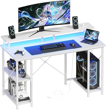 DUMOS 47” Gaming Desk with USB Charging Ports & LED Lights, Reversible Computer Desk with Drawers, PC Desk for Home Office Small Space, Gaming Table Fits PC Towers, White