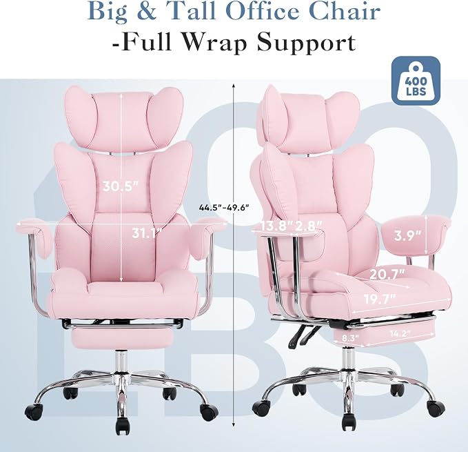 DUMOS Big and Tall Office Chair 400 LBS, Scratch-Resistant PU Leather Executive Office Desk Chair with Footrest, Ergonomic Reclining Computer Chairs with Pocket Spring Support, Pink