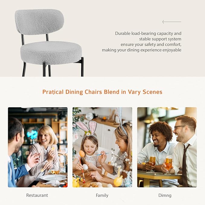 Sweetcrispy Dining Chairs Set of 6, Boucle Upholstered Modern Mid Century Round Kitchen Chairs with Curved Backrest & Metal Legs for Vanity, Living Room - Grey