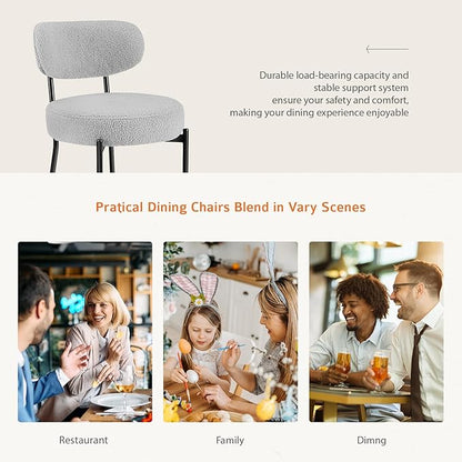 Sweetcrispy Dining Chairs Set of 4, Boucle Upholstered Modern Mid Century Round Kitchen Chairs with Curved Backrest & Metal Legs for Vanity, Living Room - Grey