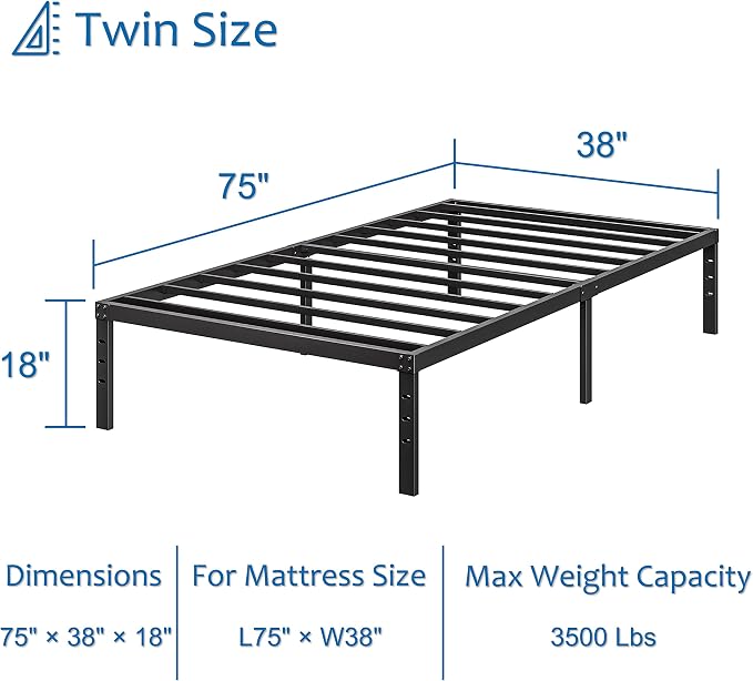 Twin Bed Frame Heavy Duty,18" Black Metal Platform Bed Frame,Sturdy Steel Frame,No Box Spring Needed,Noise-Free,Easy Assembly