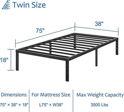 Twin Bed Frame Heavy Duty,18" Black Metal Platform Bed Frame,Sturdy Steel Frame,No Box Spring Needed,Noise-Free,Easy Assembly