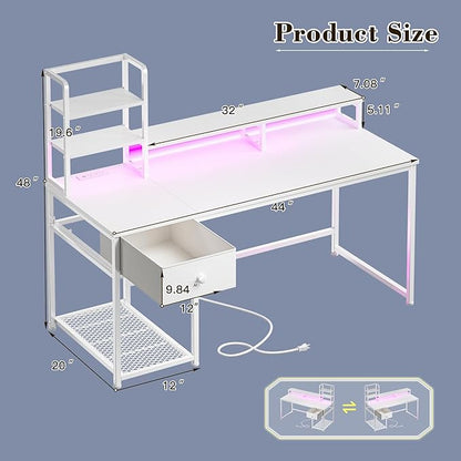 EnHomee 44" Small White Gaming Desk with Hutch & Shelves for Teen Gamer | Dual Monitor Stand for Posture, Built-in Power Strip, Music-sync RGB Lights, Sturdy Steel Frame, Fabric Drawer, Easy Assembly