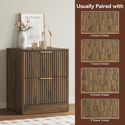 9 Drawer Dresser & Nightstand Set 3-Piece, 63” Wide Walnut Bedroom Dresser and Night Stand Set of 2, Fluted Modern Wood Chest of Drawers Storage Dressers Set for Bedroom, Walnut