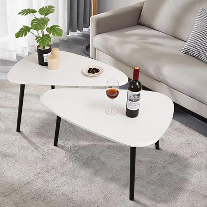 Nesting Triangle Coffee Table End Tables Set of 2 for Living Room Bedroom, Industrial Small Stacking Side Tables for Couch, White