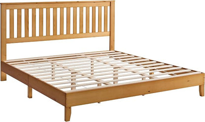 AMERLIFE King Bed Frame, Solid Wood Platform Bed with Vertical Slats Headboard, Wooden Bedframe King-Size, Sturdy Wooden Slats Support, No Box Spring Needed, Noise Free, Light Wood