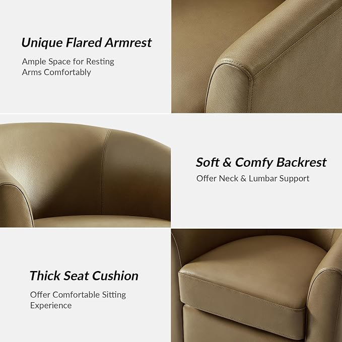 HULALA HOME Genuine Leather Swivel Barrel Chair, Round Swivel Accent Chair with Solid Wood Base, No Assembly Required, Taupe