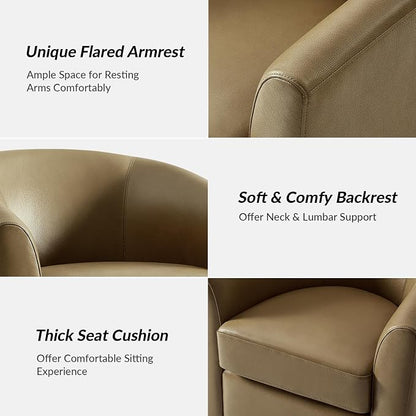 HULALA HOME Genuine Leather Swivel Barrel Chair, Round Swivel Accent Chair with Solid Wood Base, No Assembly Required, Taupe