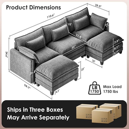 Marsail Modular Sectional Sofa 110.6" U-Shaped Modern Comfy Cloud Couch, 5-Seat Chenille Deep Seat Sofa with Throw Pillow & Movable Ottoman for Living Room, Bedroom and Apartment, Grey