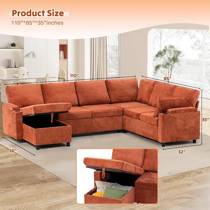 110" Chenille Sectional Sofa w/Pull Out Bed &Storage Chaise, Orange | Reversible U Shape Sofa w/Storage Armrests & Cup Holders, Corner Couch w/USB Charging Port & Throw Pillows for Living Room