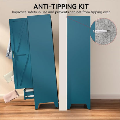 COFaR Metal Wardrobe Closet, 71" Armoire Cabinet with Drawer & Hanging Rod, Freestanding 2-Door Clothing Storage with Adjustable Shelf, Elegant Bedroom Organizer (Peacock Blue)
