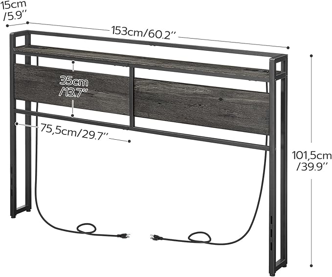 HOOBRO Headboard Queen Size, Headboard with 2 Outlets and 4 USB Ports, Adjustable Height, Storage Rack, Sturdy and Stable, Easy Assembly, Charcoal Gray and Black