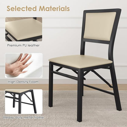 VECELO Folding Dining Chairs Set of 2, Metal Padded Foldable Seating with Comfortable Faux Leather, Space-Saving Portable Guest Seats for Kitchen & Office, No Assembly, Creamy Beige