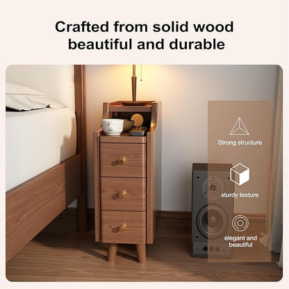 Solid Wood Narrow Nightstand with Drawers,Walnut Nightstand Wood Bedside Table Modern for Bedroom,Study,Toilet
