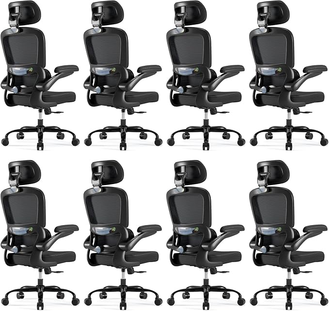 TRALT Ergonomic Office Chair - Desk Chair with Adjustable Headrest Lumbar Support Computer Chair - Mesh Comfy Chair with Flip-up Armrests - Gaming Chair for Adults Home Office PU, Black, Pack of 8