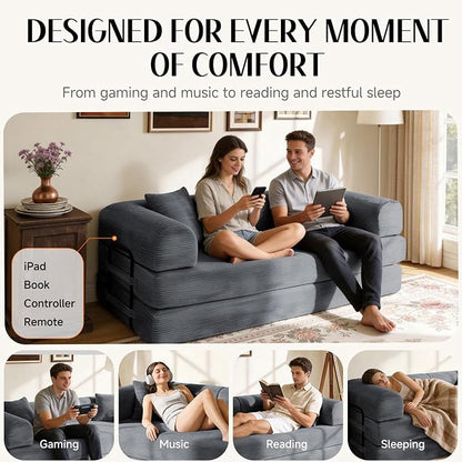 78.8" Memory Foam Boneless Couch, Corduroy Floor Sofa Bed, Convertible Sleeper Futon Loveseat, Wide Armrests & Back Support, Supports Up to 1200 lbs, Couch in a Box with 2 Pillows, Dark Grey