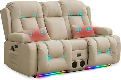 URRED Power Loveseat Recliner Sofa with Massage and Heat, Wall Hugger Reclining Loveseat with Console, RV Couch Home Theater Seating with LED Lights for Living Room (Beige, 67" - 2 Seats)