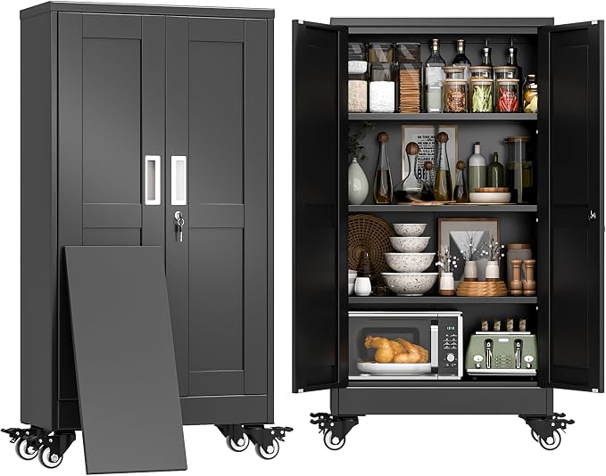 47" H Metal Pantry Storage Cabinet with Wheels,Rolling Kitchen Pantry Cabinet with 2 Doors and 3 Adjustable Shelves, Locker Steel Cabinet,Organization Cabinet for Garage,Home,Gym,School,Black