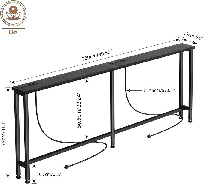 Keelian 90" Narrow Sofa Table - 2 Power Outlets & 4 USB Ports, Metal Frame,Perfect for Hallway, Office, and Behind Sofa - Easy Assembly, 4.9ft Extension Cord Included Black